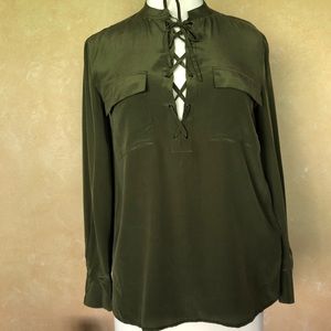 MADEWELL green olive tie-up front silk shirt